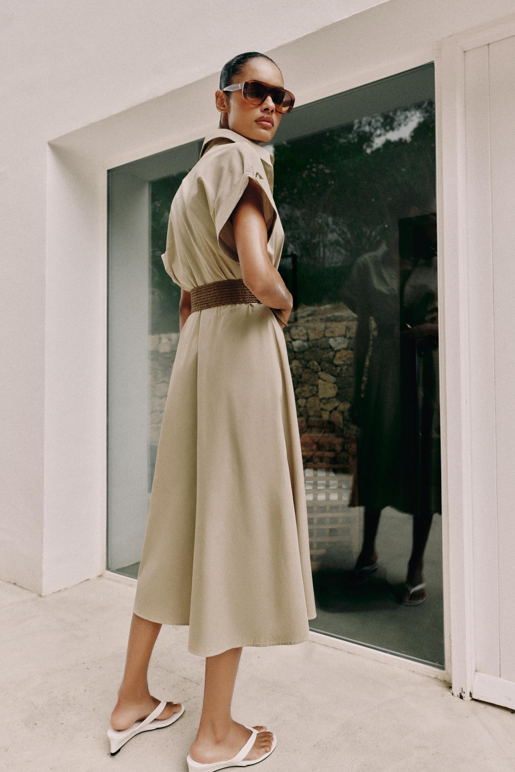 ROBE MI-LONGUE EN POPELINE AVEC CEINTURE